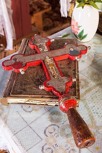 Romania-Surdesti Eastern Orthodox church of Lemn UNESCO site Old painted wooden Crucifix Art Print
